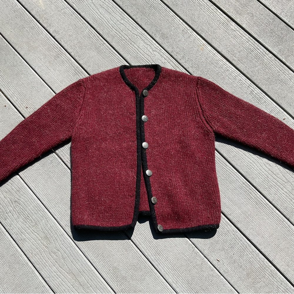 Vintage Burgundy Knit Cardigan with Black Trim S